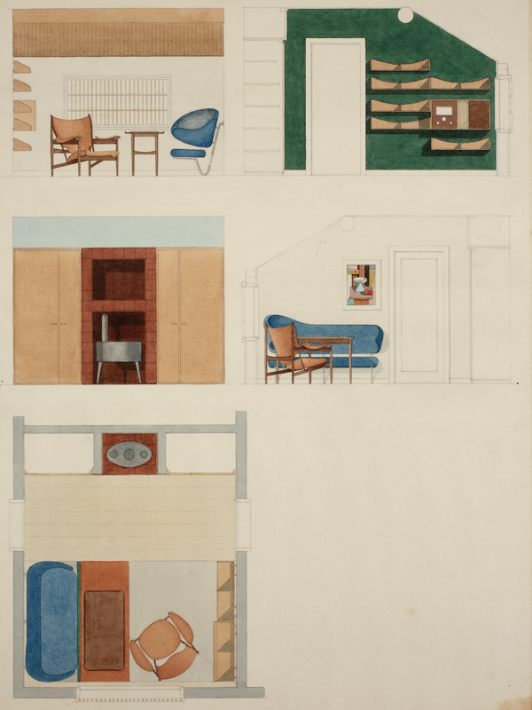 Finn Juhl's original drawing of the interior at Magister W. Andersen's home in Hulsø Ege, Rungsted. Photograph by Pernille Klemp, Design Museum Denmark.