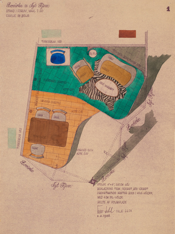 Finn Juhl's original watercolor drawing of the Bovirke stand in 1948.