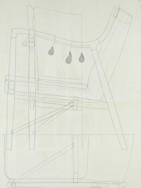 Finn Juhl's original drawing depicting the 45 Chair from 1945. Photo credit: Pernille Klemp, Designmuseum Danmark