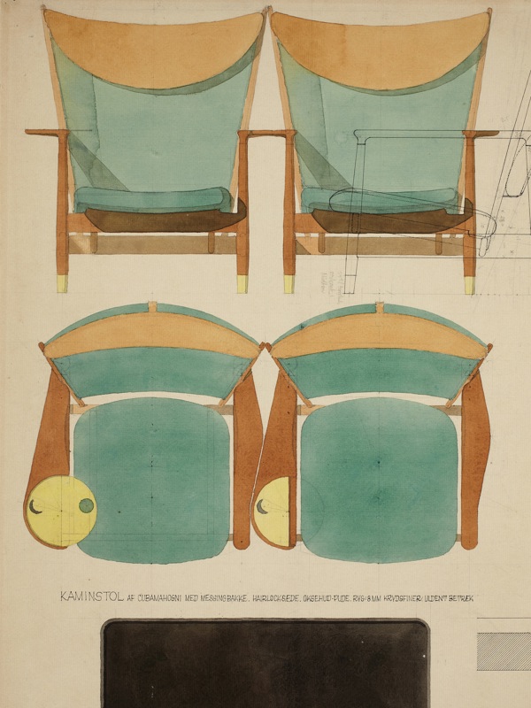 Finn Juhl's original watercolor drawing of the Whisky Chair. Photo credit: Pernille Klemp, Designmuseum Danmark