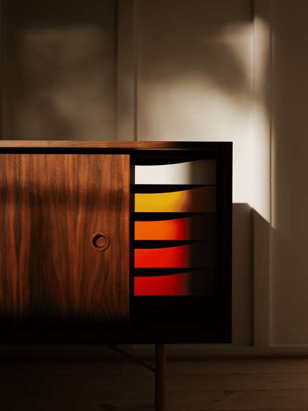 The Sideboard in walnut with trays in the warm color scheme.