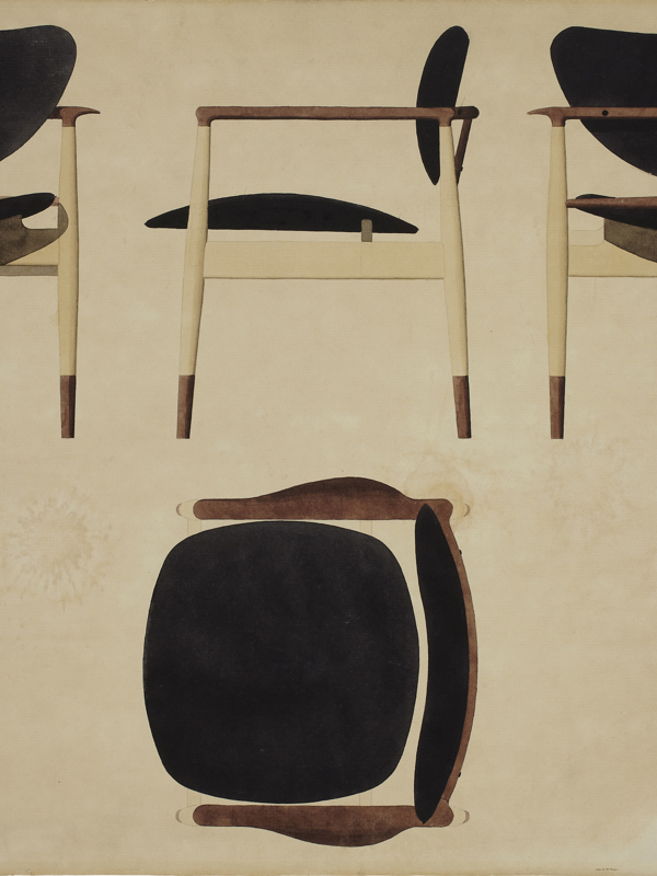 Finn Juhl's original drawing of the 48 Chair from 1948. Photo credit: Pernille Klemp, Designmuseum Danmark