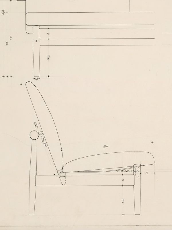 Finn Juhl's original drawing of the Japan Chair from 1953. Photo credit: Pernille Klemp, Designmuseum Danmark